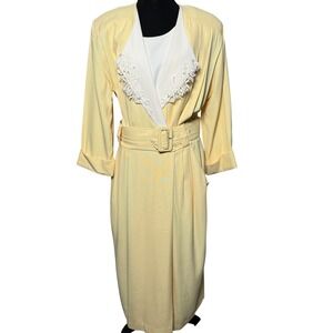 Vintage Studio 1 80s Belted Blazer Lace‎ Collar Dress Pastel Yellow Career Chic
